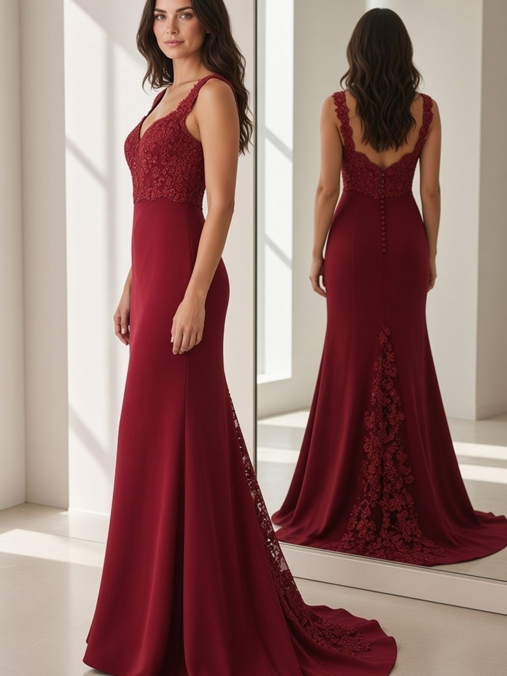 JJ’s House Burgundy Lace Trumpet Mermaid Sweep Train Formal Gown. Size 6